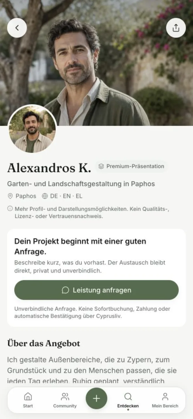 Echt gerenderte Cyprusliv Experten-Detailansicht mit vollständiger App-Navigation