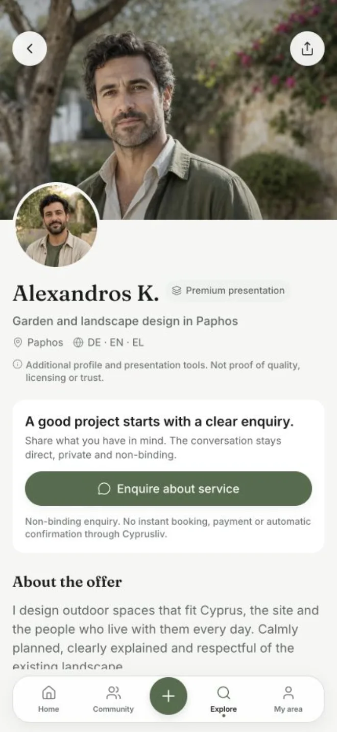 Real Cyprusliv expert detail view with the complete app navigation