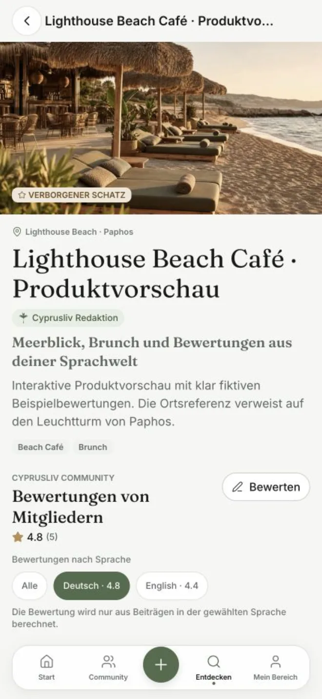 Echt gerendertes Beach Café mit sprachgefilterten Bewertungen