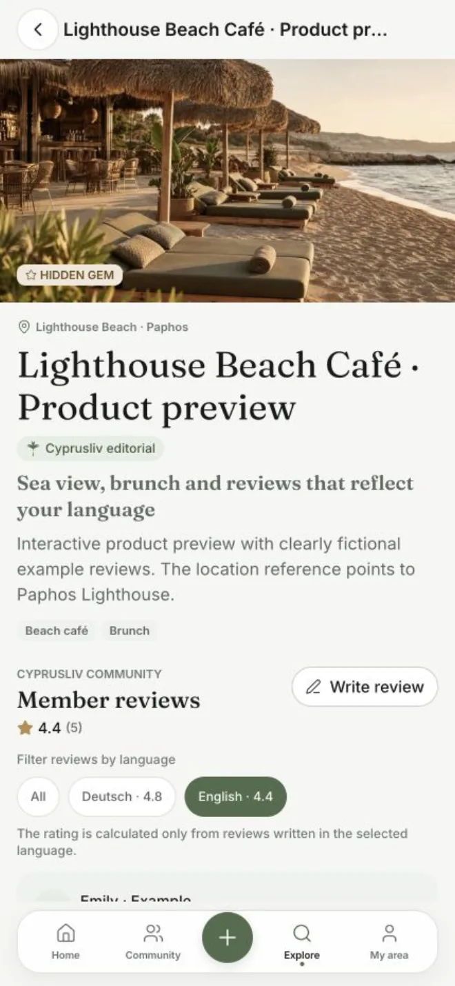 Real beach café view with language-filtered reviews
